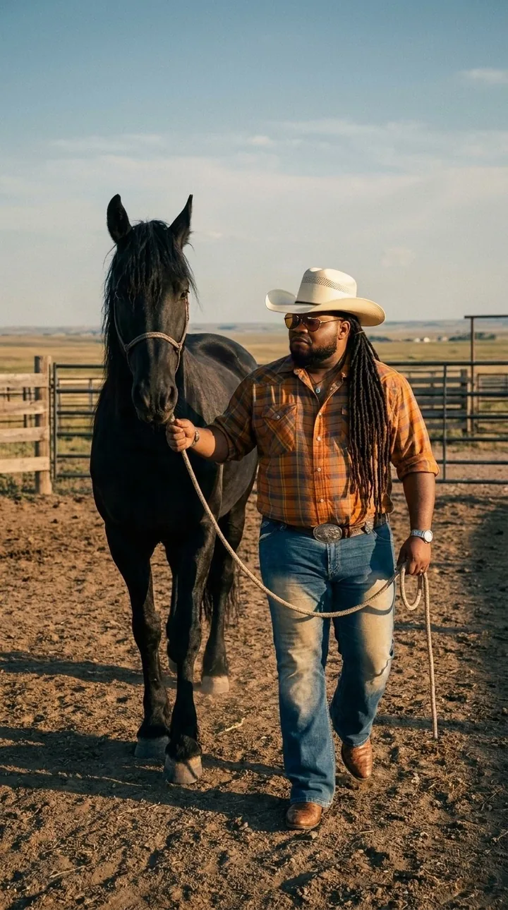 An artist in a western shirt and hat leading a black horse across a ranch