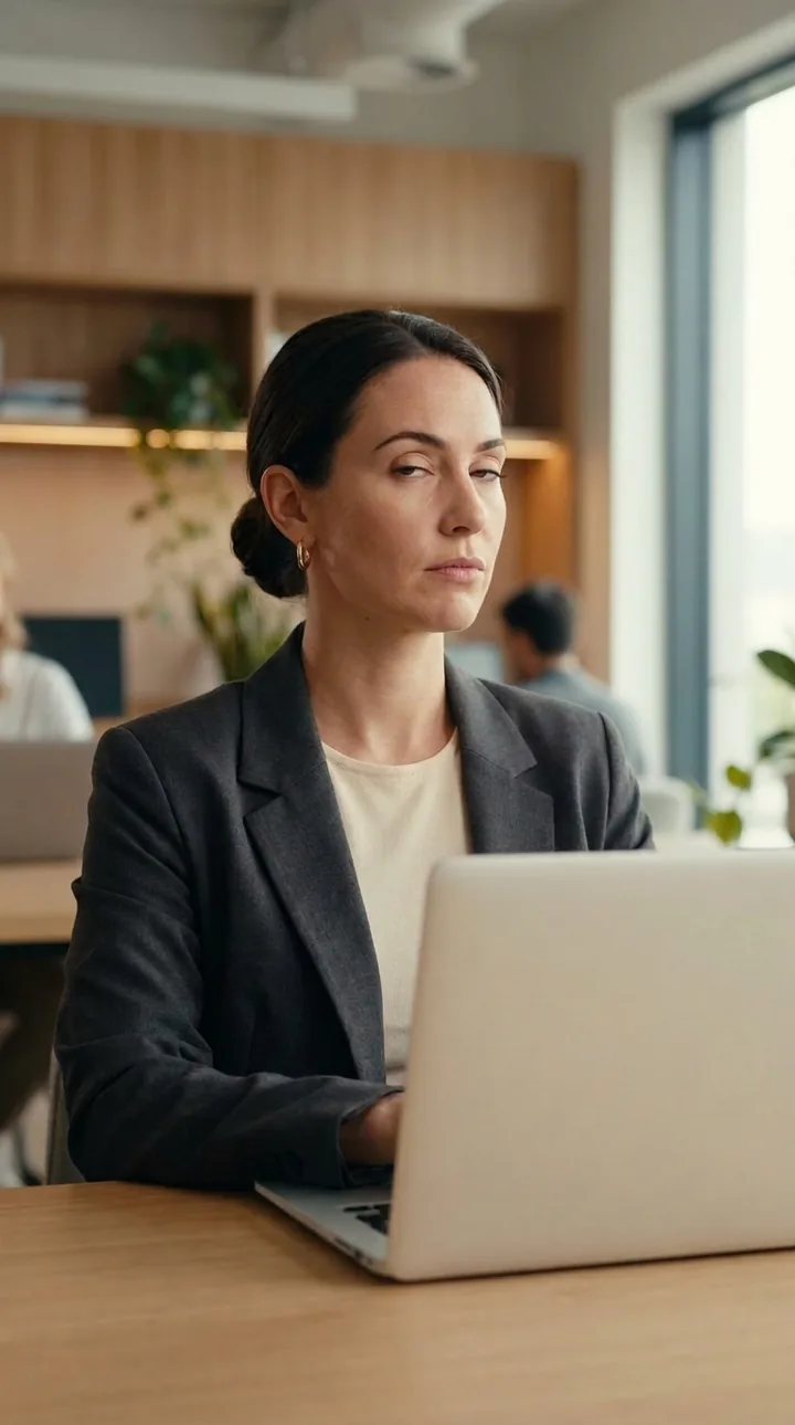 A woman working at a laptop in a bright modern office